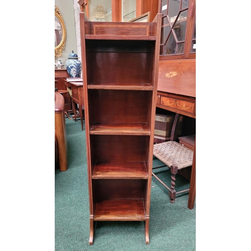 45 - A LIBERTY & CO MAHOGANY INLAID NEATLY SIZED FLOOR BOOKCASE, 5 shelf unit, raised on bracket style si... 