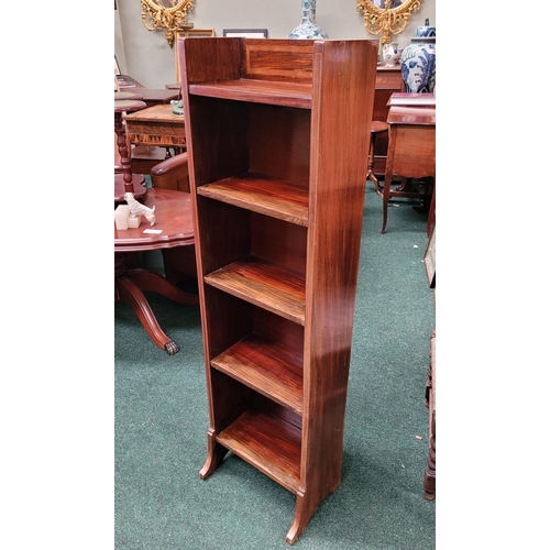 45 - A LIBERTY & CO MAHOGANY INLAID NEATLY SIZED FLOOR BOOKCASE, 5 shelf unit, raised on bracket style si... 