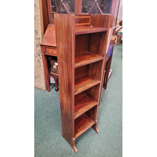 45 - A LIBERTY & CO MAHOGANY INLAID NEATLY SIZED FLOOR BOOKCASE, 5 shelf unit, raised on bracket style si... 