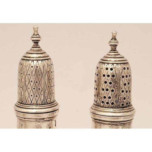 11 - A VERY FINE LATE 18TH CENTURY IRISH SILVER CRUET SET, complete with 2 cut glass bottles, a large sif... 