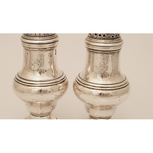 11 - A VERY FINE LATE 18TH CENTURY IRISH SILVER CRUET SET, complete with 2 cut glass bottles, a large sif... 