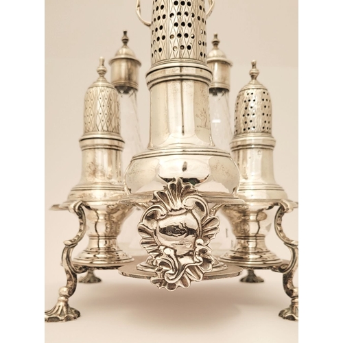 11 - A VERY FINE LATE 18TH CENTURY IRISH SILVER CRUET SET, complete with 2 cut glass bottles, a large sif... 