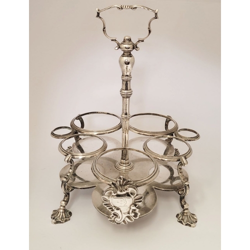 11 - A VERY FINE LATE 18TH CENTURY IRISH SILVER CRUET SET, complete with 2 cut glass bottles, a large sif... 