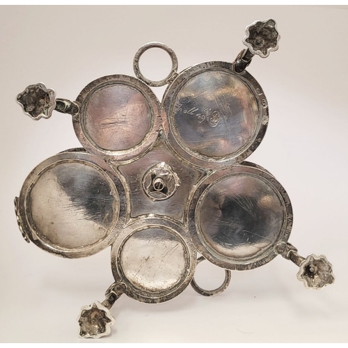 11 - A VERY FINE LATE 18TH CENTURY IRISH SILVER CRUET SET, complete with 2 cut glass bottles, a large sif... 