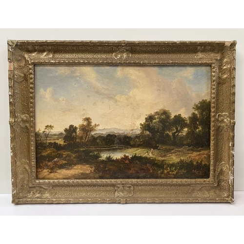 13 - A 19TH CENTURY GILT FRAMED LANDSCAPE, 'THE POND AT HAMPSTEAD', oil on canvas, signed W. Wilcock lowe... 