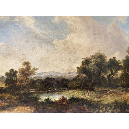 13 - A 19TH CENTURY GILT FRAMED LANDSCAPE, 'THE POND AT HAMPSTEAD', oil on canvas, signed W. Wilcock lowe... 