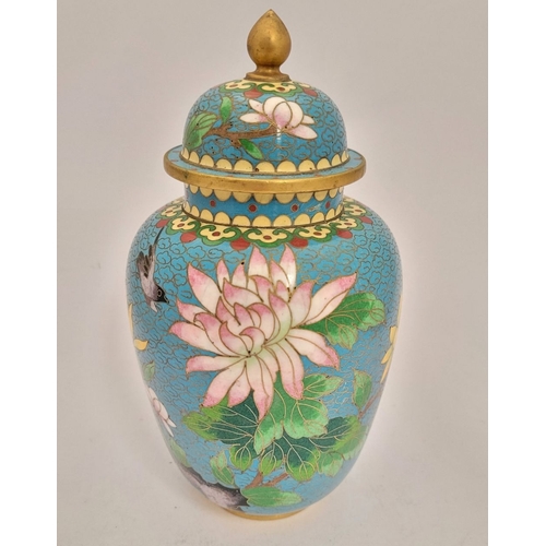 27 - A VERY GOOD VINTAGE LIDDED CLOISSONÉ JAR, decorated with beautiful floral & bird design, blue to the... 