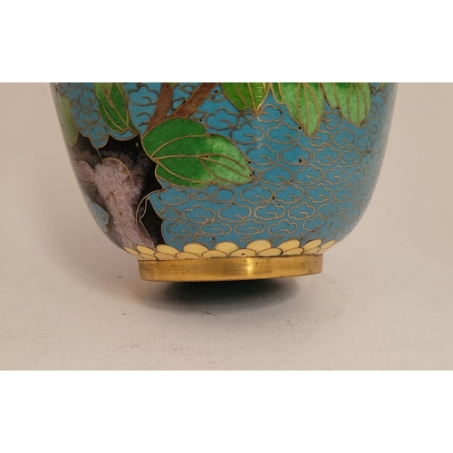 27 - A VERY GOOD VINTAGE LIDDED CLOISSONÉ JAR, decorated with beautiful floral & bird design, blue to the... 