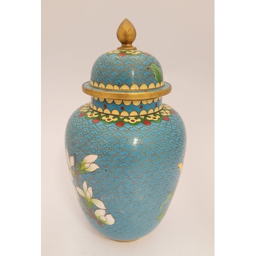 27 - A VERY GOOD VINTAGE LIDDED CLOISSONÉ JAR, decorated with beautiful floral & bird design, blue to the... 