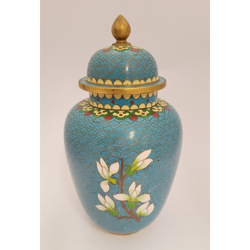 27 - A VERY GOOD VINTAGE LIDDED CLOISSONÉ JAR, decorated with beautiful floral & bird design, blue to the... 