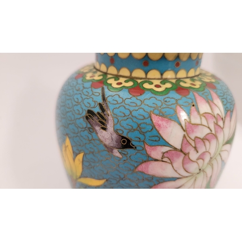 27 - A VERY GOOD VINTAGE LIDDED CLOISSONÉ JAR, decorated with beautiful floral & bird design, blue to the... 