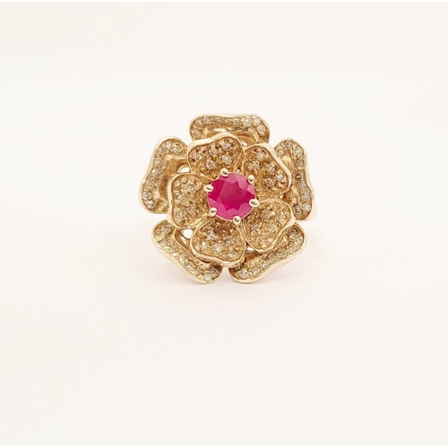 53 - A BESPOKE 14CT YELLOW GOLD PINK SAPPHIRE & DIAMOND FLORAL RING, very pretty design; the central peta... 