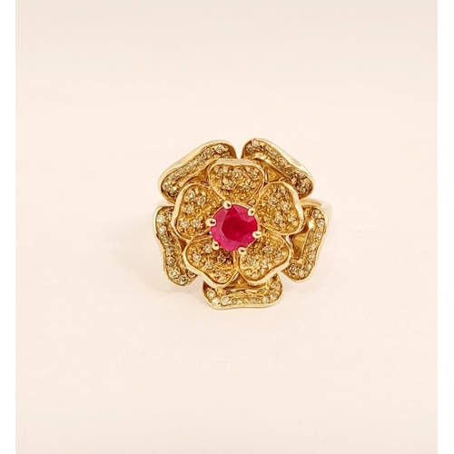 53 - A BESPOKE 14CT YELLOW GOLD PINK SAPPHIRE & DIAMOND FLORAL RING, very pretty design; the central peta... 