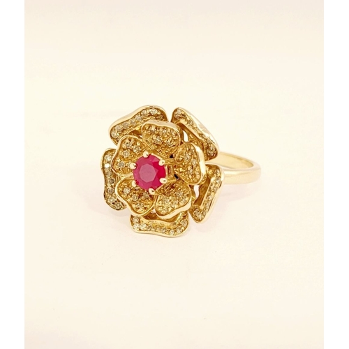 53 - A BESPOKE 14CT YELLOW GOLD PINK SAPPHIRE & DIAMOND FLORAL RING, very pretty design; the central peta... 