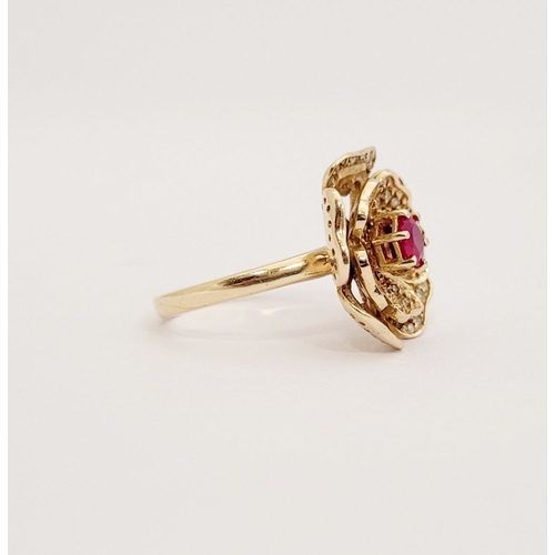 53 - A BESPOKE 14CT YELLOW GOLD PINK SAPPHIRE & DIAMOND FLORAL RING, very pretty design; the central peta... 