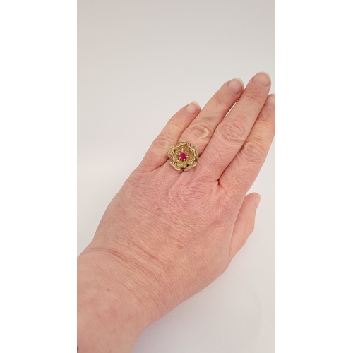 53 - A BESPOKE 14CT YELLOW GOLD PINK SAPPHIRE & DIAMOND FLORAL RING, very pretty design; the central peta... 