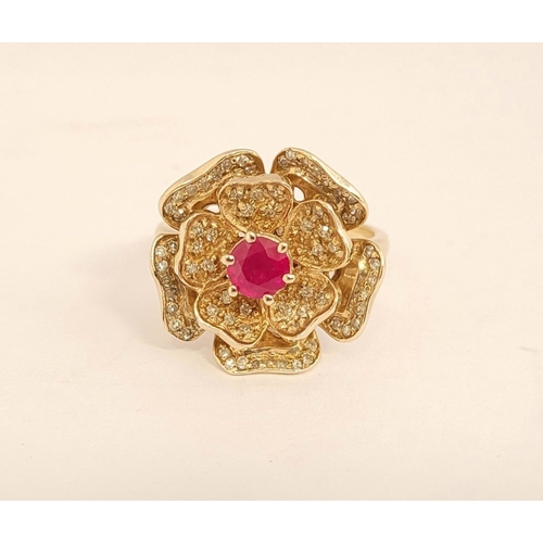 53 - A BESPOKE 14CT YELLOW GOLD PINK SAPPHIRE & DIAMOND FLORAL RING, very pretty design; the central peta... 