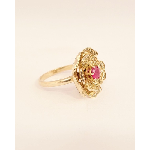 53 - A BESPOKE 14CT YELLOW GOLD PINK SAPPHIRE & DIAMOND FLORAL RING, very pretty design; the central peta... 