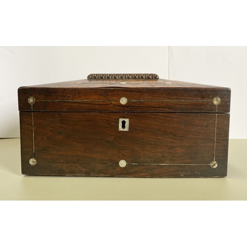 103 - A 19TH CENTURY ROSEWOOD AND MOTHER OF PEARL TEA CADDY, internally fitted with original comportments,... 