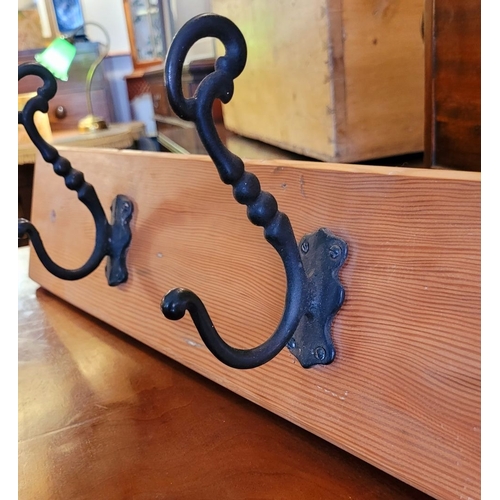 105 - PINE BACKED HEAVY CAST THREE HOOK COAT HANGER PANEL – add detail. 15 x 12 x 84.5cm (H x D x W)