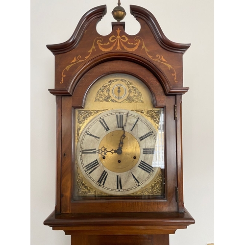 11 - AN EXCELLENT QUALITY MAHOGANY INLAID LONGCASE CLOCK, c.1900, with swan neck pediment to top above bo... 