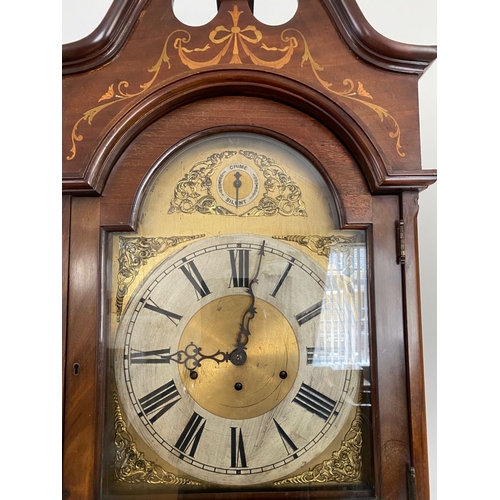 11 - AN EXCELLENT QUALITY MAHOGANY INLAID LONGCASE CLOCK, c.1900, with swan neck pediment to top above bo... 