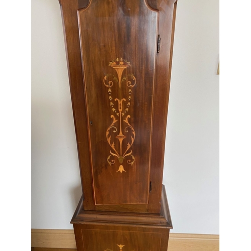 11 - AN EXCELLENT QUALITY MAHOGANY INLAID LONGCASE CLOCK, c.1900, with swan neck pediment to top above bo... 