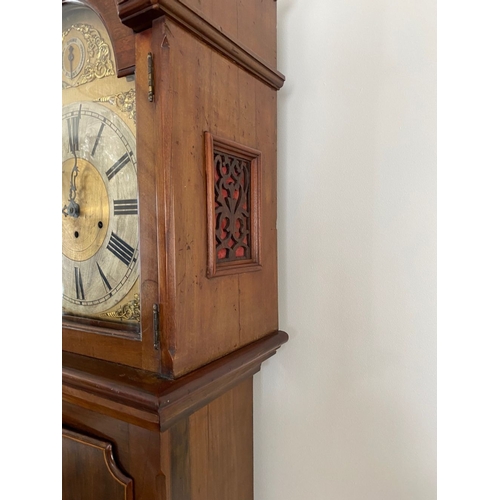 11 - AN EXCELLENT QUALITY MAHOGANY INLAID LONGCASE CLOCK, c.1900, with swan neck pediment to top above bo... 