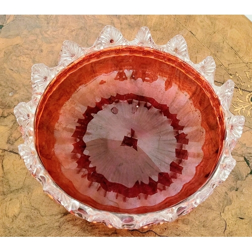 116 - A LATE 19TH CENTURY VICTORIAN BRASS FRAMED RUBY GLASS BOWL, the bowl with rich ruby red colour and c... 