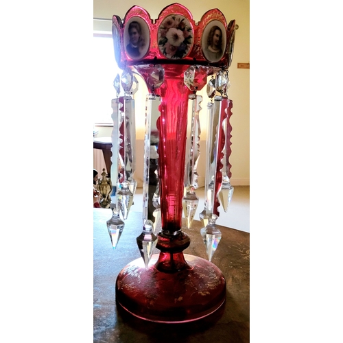 119 - A FANTASTIC PAIR OF 19TH CENTURY RUBY GLASS & ENAMEL LUSTRES, each with picture panels to the top de... 