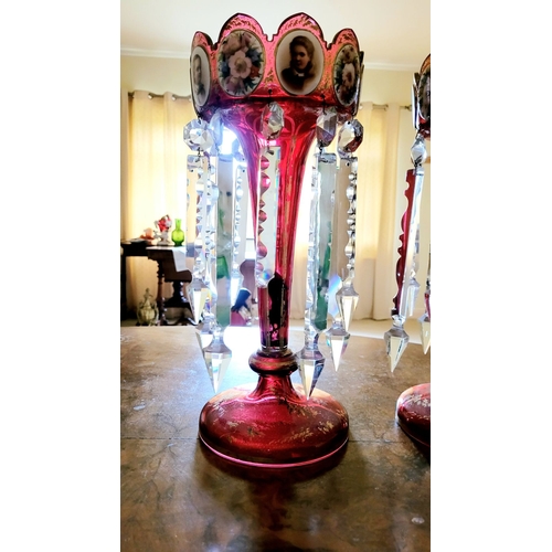 119 - A FANTASTIC PAIR OF 19TH CENTURY RUBY GLASS & ENAMEL LUSTRES, each with picture panels to the top de... 