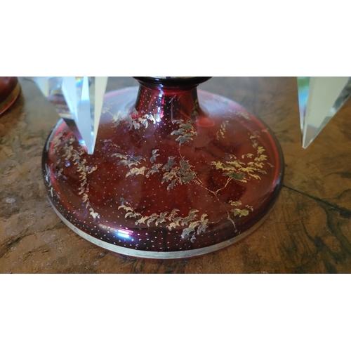 119 - A FANTASTIC PAIR OF 19TH CENTURY RUBY GLASS & ENAMEL LUSTRES, each with picture panels to the top de... 