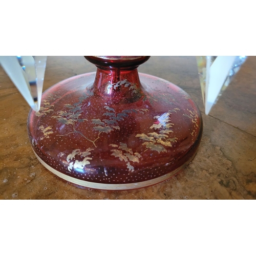 119 - A FANTASTIC PAIR OF 19TH CENTURY RUBY GLASS & ENAMEL LUSTRES, each with picture panels to the top de... 