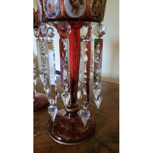 119 - A FANTASTIC PAIR OF 19TH CENTURY RUBY GLASS & ENAMEL LUSTRES, each with picture panels to the top de... 