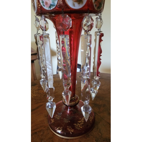 119 - A FANTASTIC PAIR OF 19TH CENTURY RUBY GLASS & ENAMEL LUSTRES, each with picture panels to the top de... 