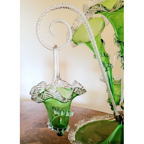 120 - A FANTASTIC VICTORIAN GREEN & CLEAR GLASS EPERGNE, with a central tall flute and three small trumpet... 