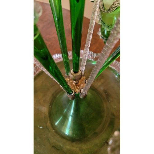 120 - A FANTASTIC VICTORIAN GREEN & CLEAR GLASS EPERGNE, with a central tall flute and three small trumpet... 