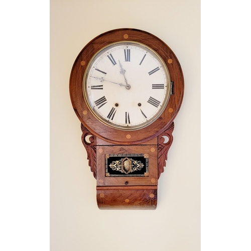 128 - AN INLAID JEROME & CO 8 DAY ANGLO AMERICAN WALL CLOCK, the frame with mahogany & rosewood decorated ... 