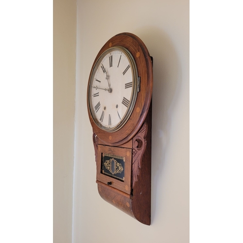 128 - AN INLAID JEROME & CO 8 DAY ANGLO AMERICAN WALL CLOCK, the frame with mahogany & rosewood decorated ... 