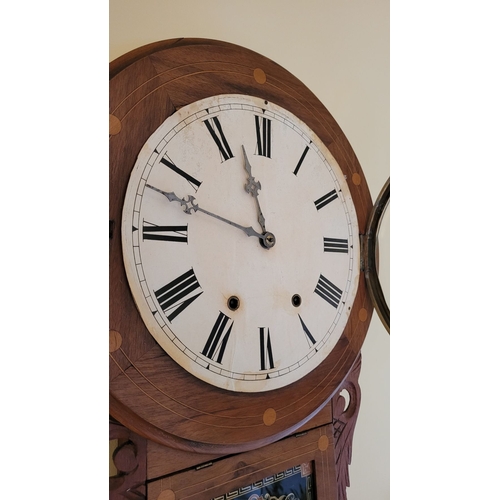 128 - AN INLAID JEROME & CO 8 DAY ANGLO AMERICAN WALL CLOCK, the frame with mahogany & rosewood decorated ... 