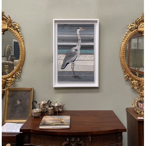 132 - KEN PARKER (Irish, 20th Century), ‘GREY HERON II’, acrylic on wooden panels, signed lower right. Dim... 