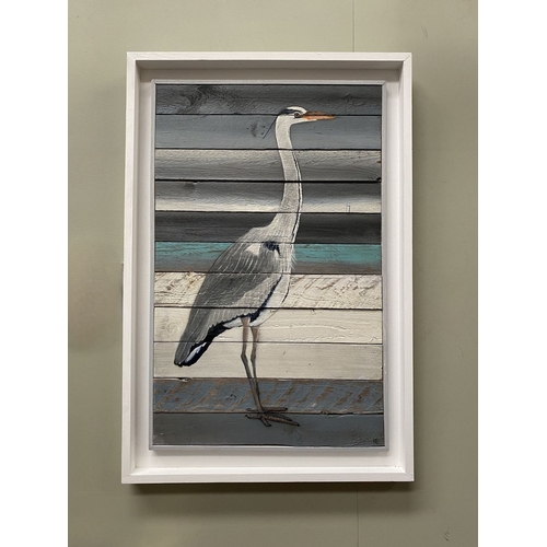 132 - KEN PARKER (Irish, 20th Century), ‘GREY HERON II’, acrylic on wooden panels, signed lower right. Dim... 