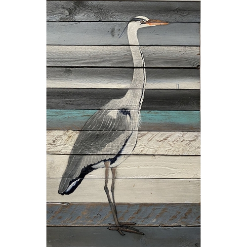 132 - KEN PARKER (Irish, 20th Century), ‘GREY HERON II’, acrylic on wooden panels, signed lower right. Dim... 