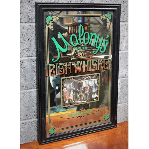 139 - A PUB MALONY'S IRISH WHISKEY ADVERTISEMENT MIRROR, produced c. 1970s, decorated lower centre with Vi... 