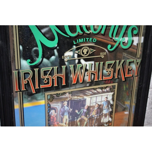 139 - A PUB MALONY'S IRISH WHISKEY ADVERTISEMENT MIRROR, produced c. 1970s, decorated lower centre with Vi... 