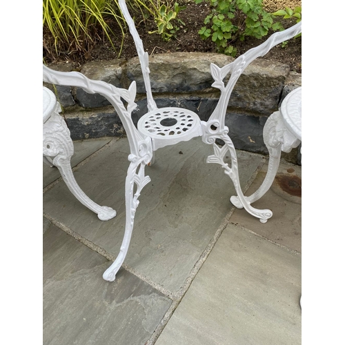 15 - A PAIR OF DECORATIVE CAST IRON GARDEN CHAIRS AND CIRCULAR TABLE, Coalbrookdale style cast iron garde... 