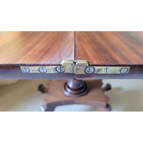 21 - A VERY FINE REGENCY STYLE FLAME MAHOGANY FOLD OVER TEA TABLE, with rounded corners to the front fini... 