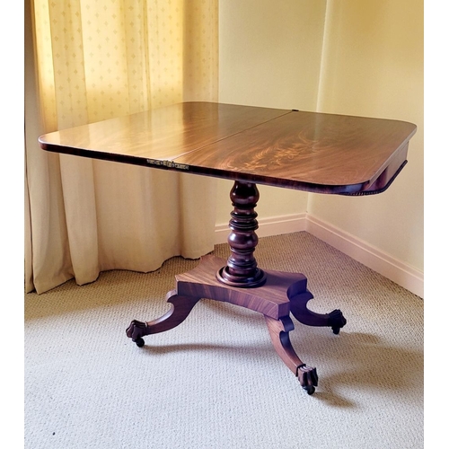 21 - A VERY FINE REGENCY STYLE FLAME MAHOGANY FOLD OVER TEA TABLE, with rounded corners to the front fini... 