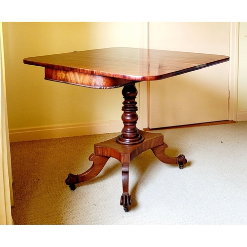 21 - A VERY FINE REGENCY STYLE FLAME MAHOGANY FOLD OVER TEA TABLE, with rounded corners to the front fini... 