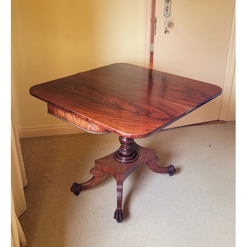 21 - A VERY FINE REGENCY STYLE FLAME MAHOGANY FOLD OVER TEA TABLE, with rounded corners to the front fini... 